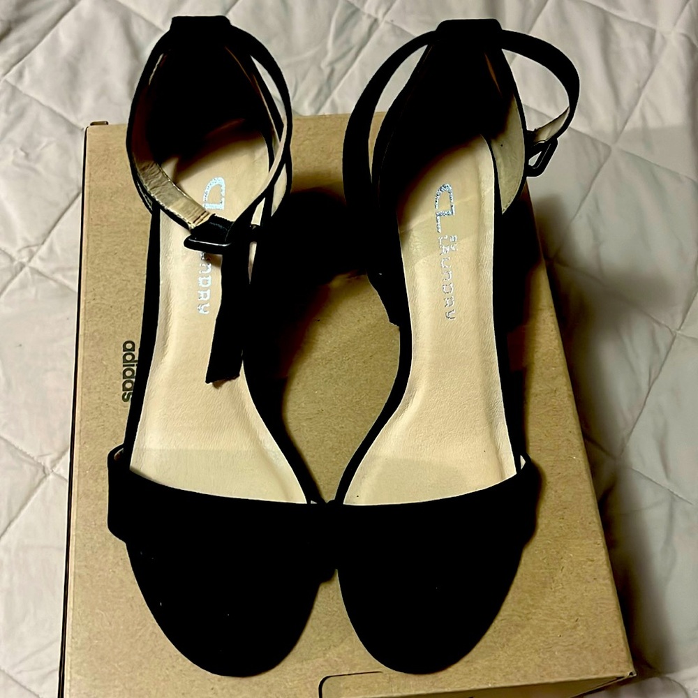 Black suedette ankle strap heeled sandals with tassels